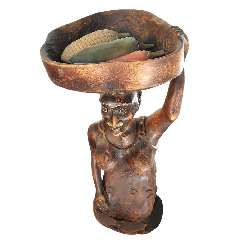 Hand-Carved African Wooden Figure with Bowl