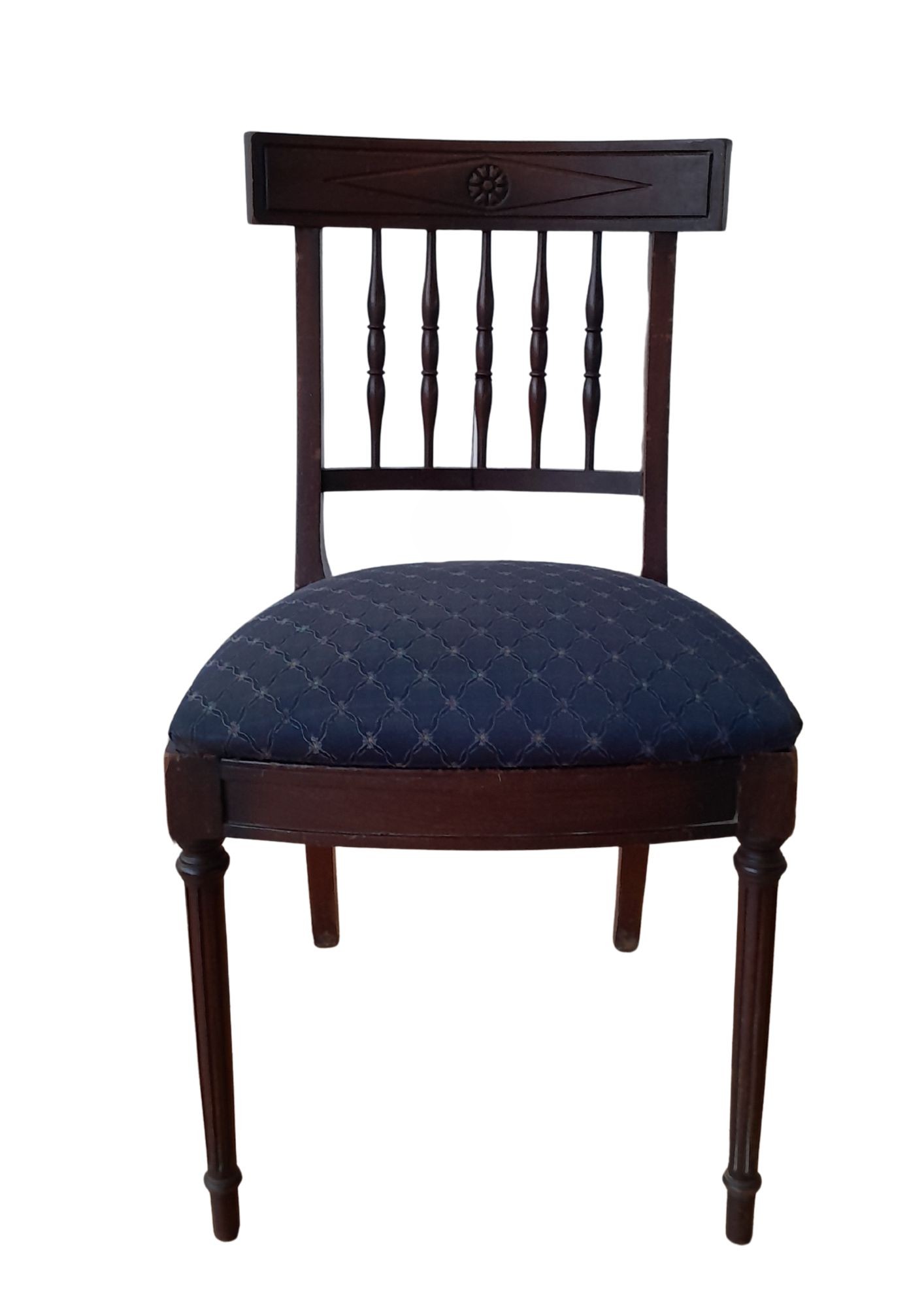 Edwardian Mahogany Side Chair with Fluted Legs and Blue Upholstery