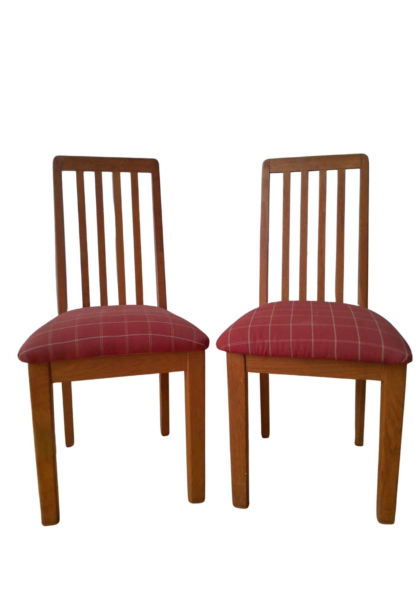 Pair of Solid Wood Slat-Back Dining Chairs with Red Upholstered Seats