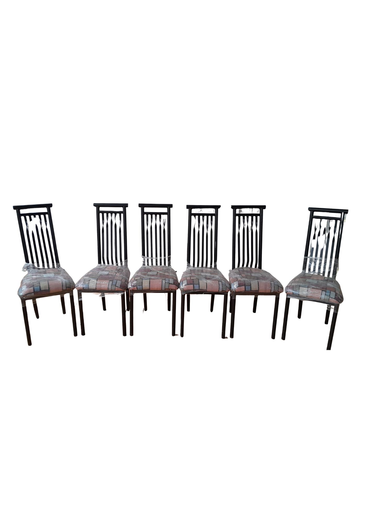 Set of Six Modern High-Back Dining Chairs with Geometric Upholstery