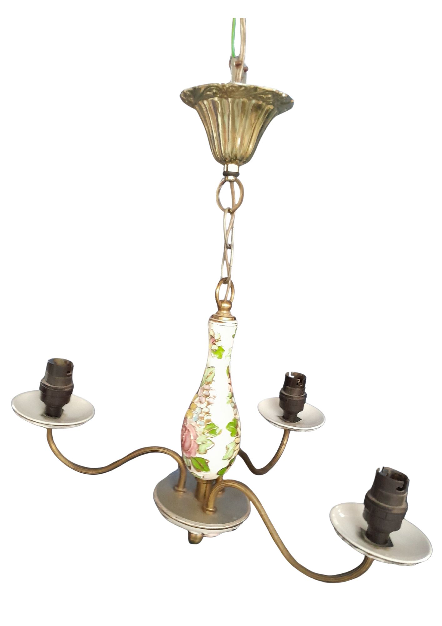 Vintage 3-Arm Floral Porcelain and Brass Chandelier