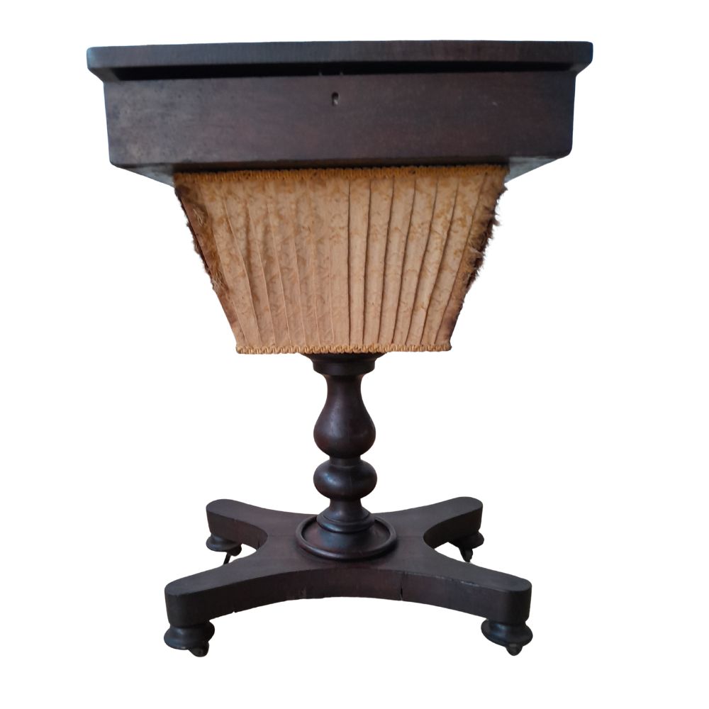 19th Century Mahogany Work Table with Pleated Sewing Basket and Fitted Interior
