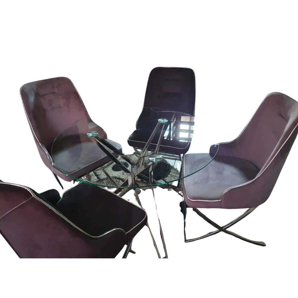 Modern Glass Dining Table with Four Velvet Upholstered Chrome-Based Chairs