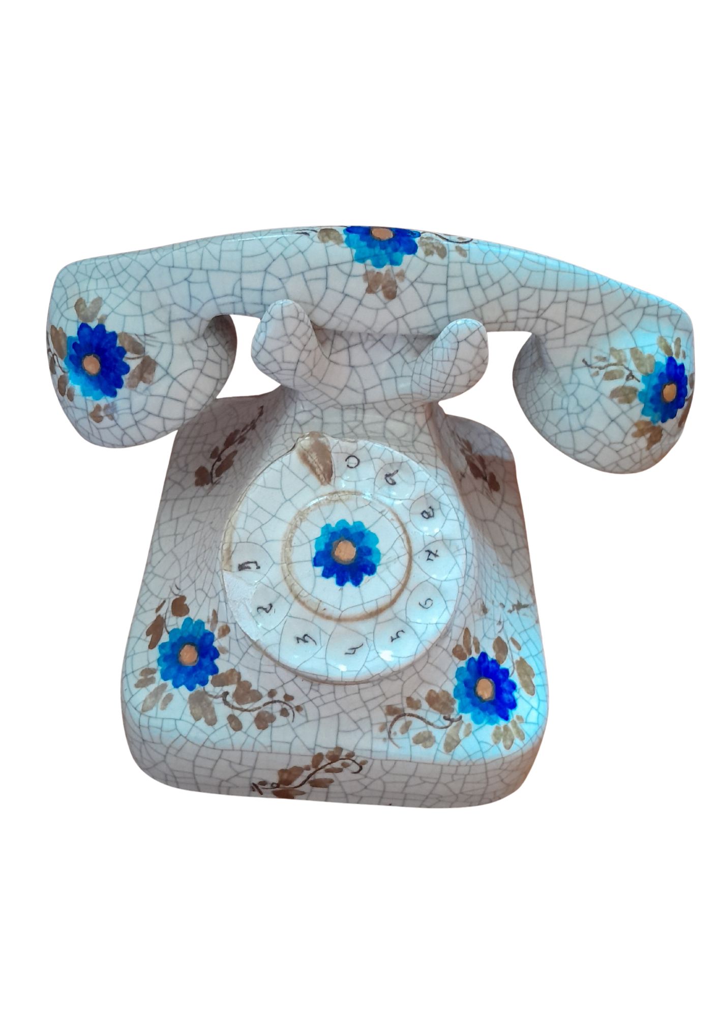 Decorative Ceramic Telephone Ornament with Crackle Glaze and Floral Design