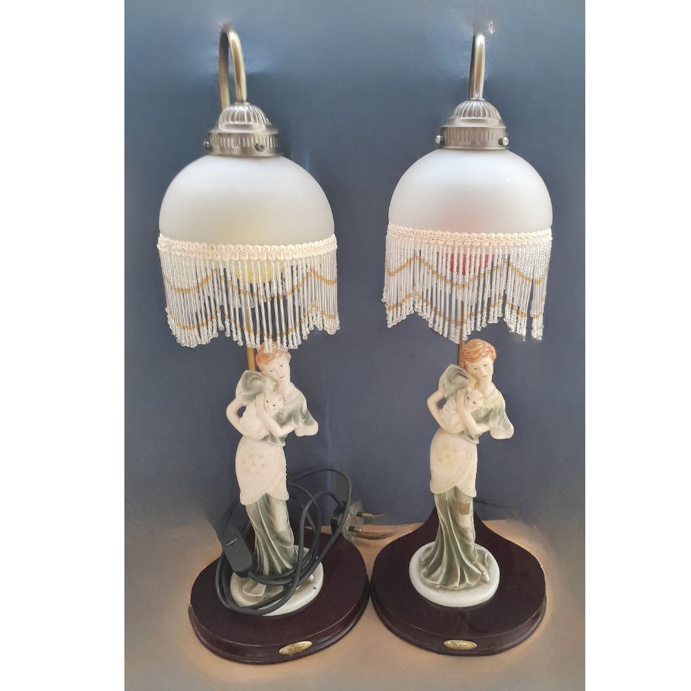 Pair of Ã¢â‚¬Å“The Crosa CollectionÃ¢â‚¬Â Porcelain Lady Table Lamps with Beaded Fringe Shades