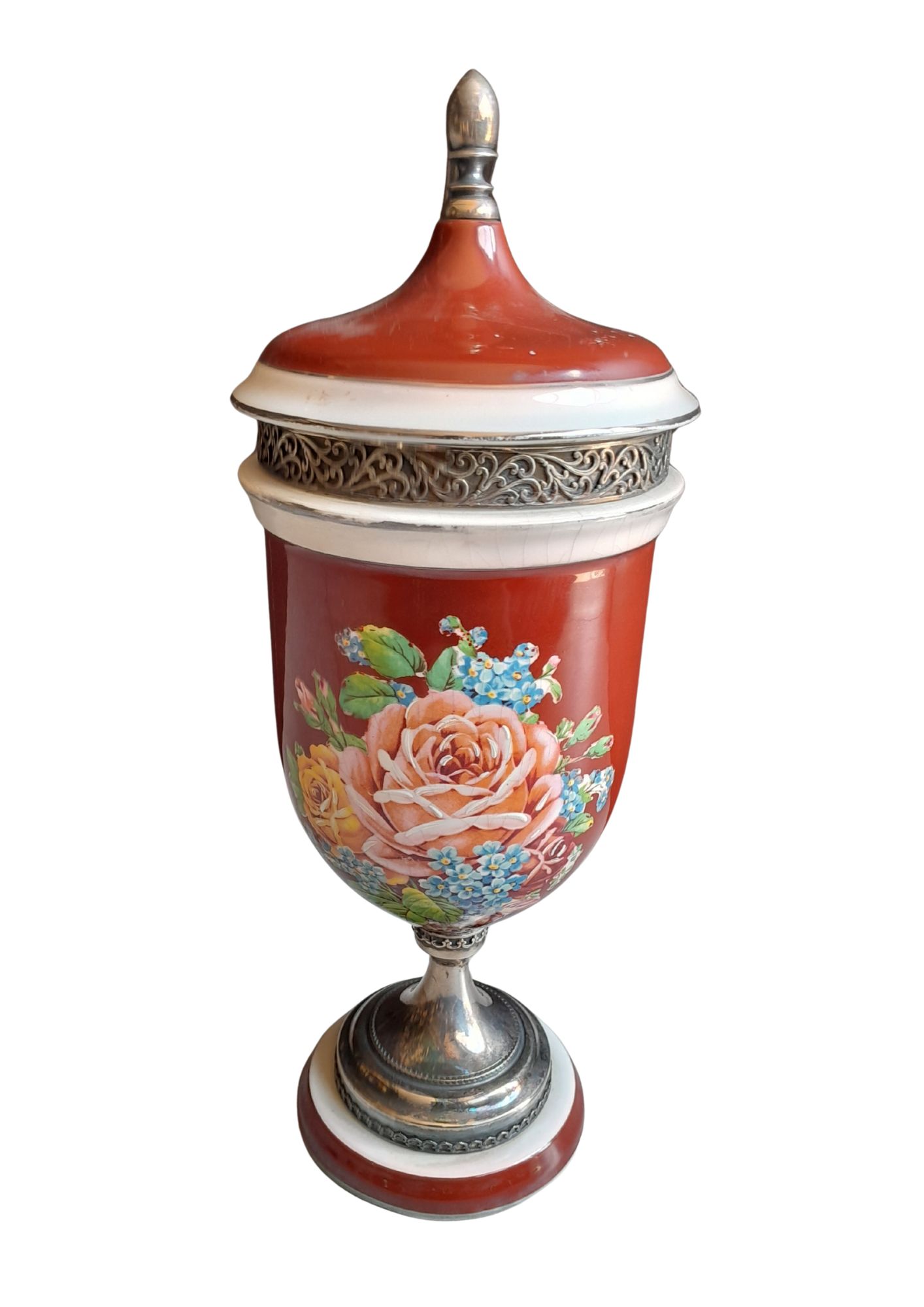 Vintage ACF Lidded Porcelain & Metal Urn Ã¢â‚¬â€œ Hand-Painted Floral Design