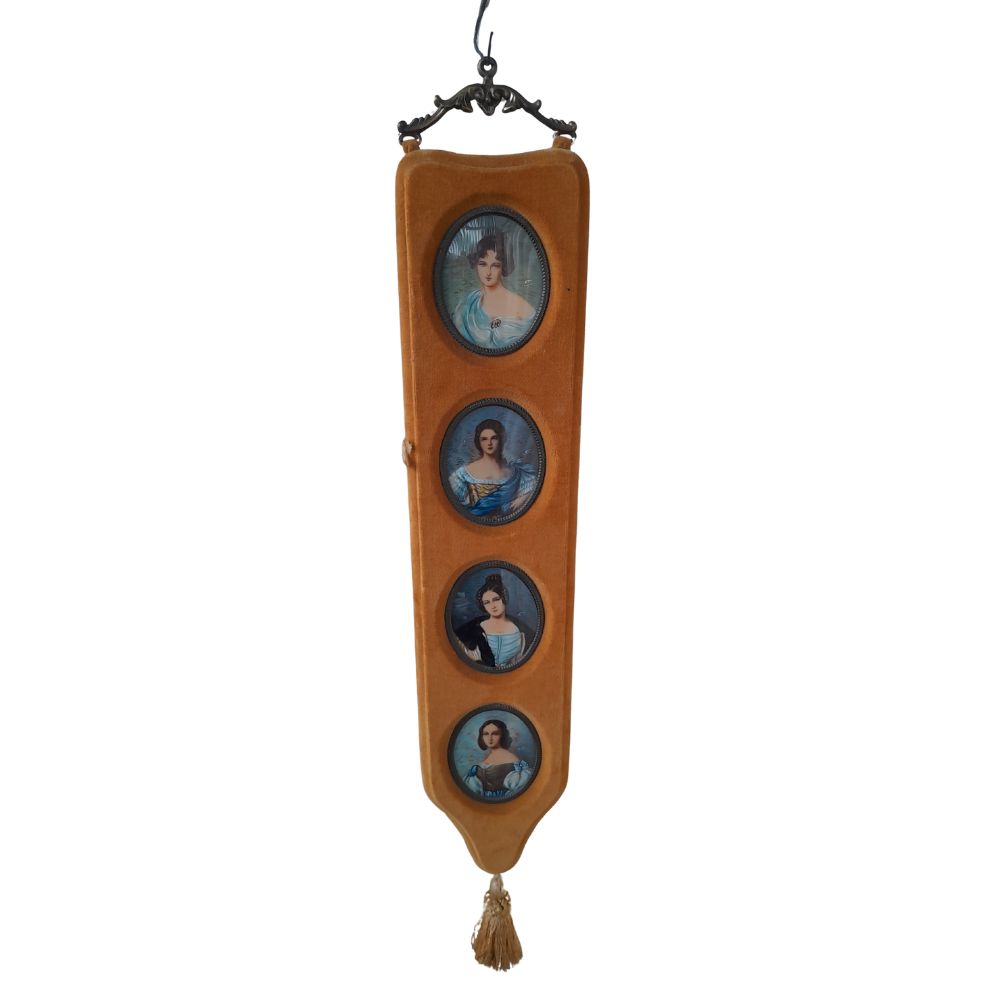 Victorian-Style Velvet Wall Hanging with Four Oval Miniature Portraits